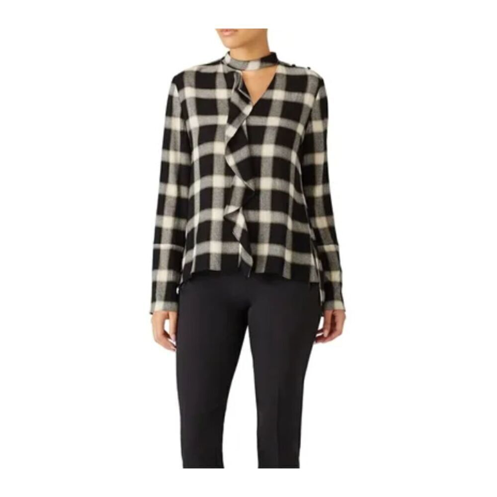 Derek‎ Lam 10 Crosby Long-Sleeve Wool-Blend Grid-Print Blouse Cascade Ruffle 4